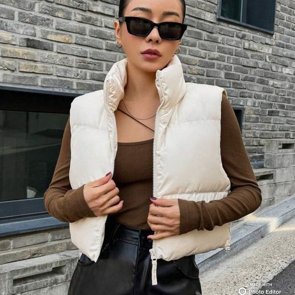 Ivory Boxy Puffer Vest, Medium, Polyester Fill, Zip Front, Drawstring, P… - Picture 1 of 11